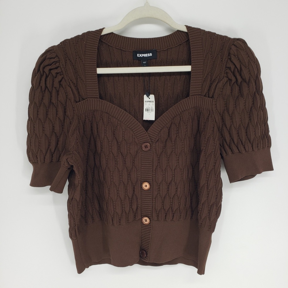 Express Textured Short Sleeve Cardigan Sweater Women Size L Brown Puff Sleeve